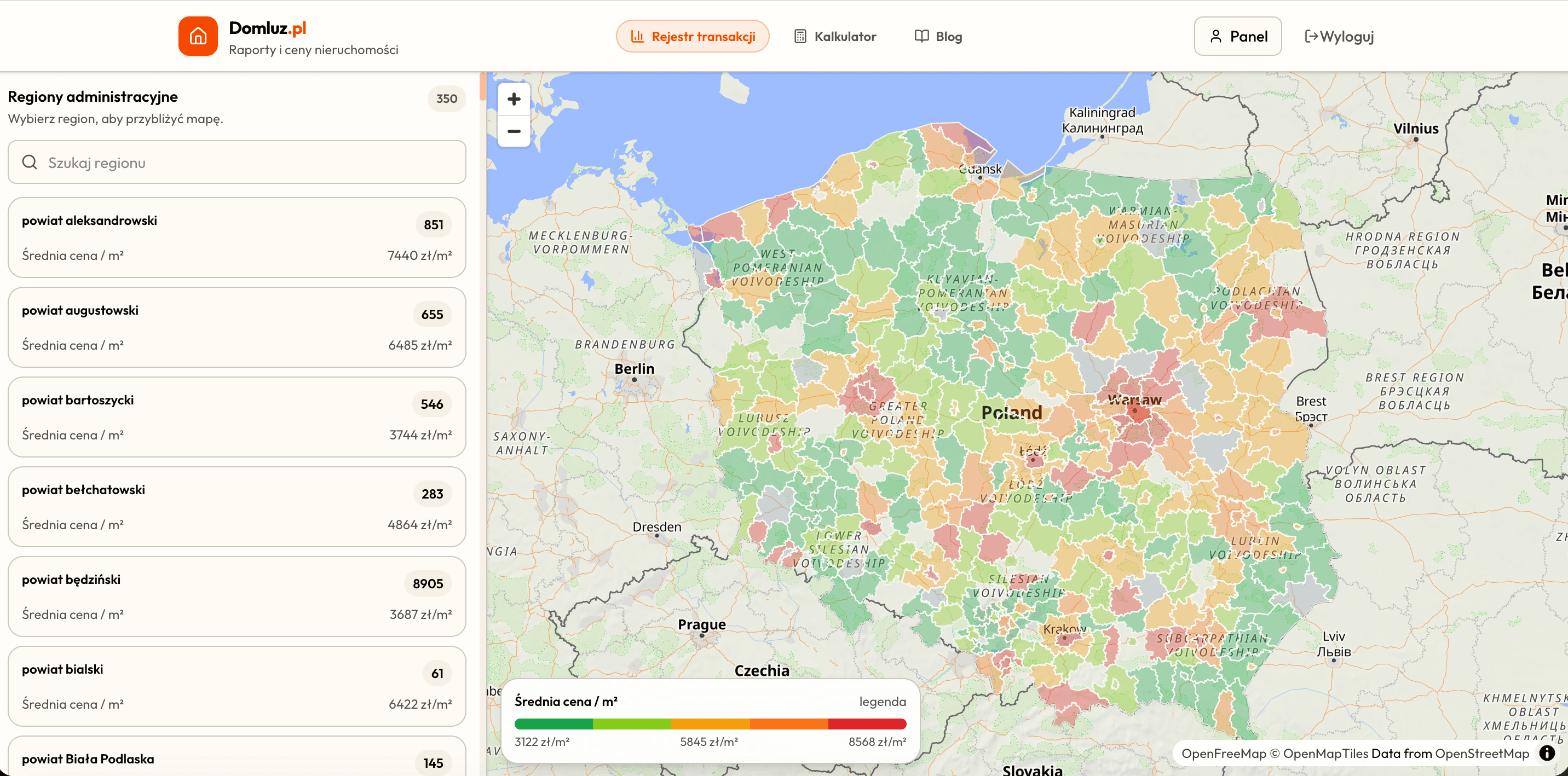 Mapa RCN - regiony administracyjne