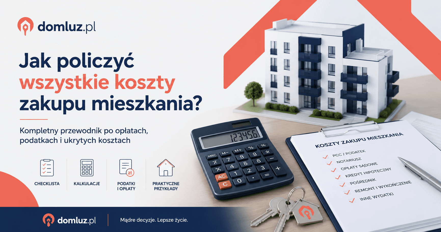 Kalkulator, dokumenty i klucze do mieszkania leżące na stole